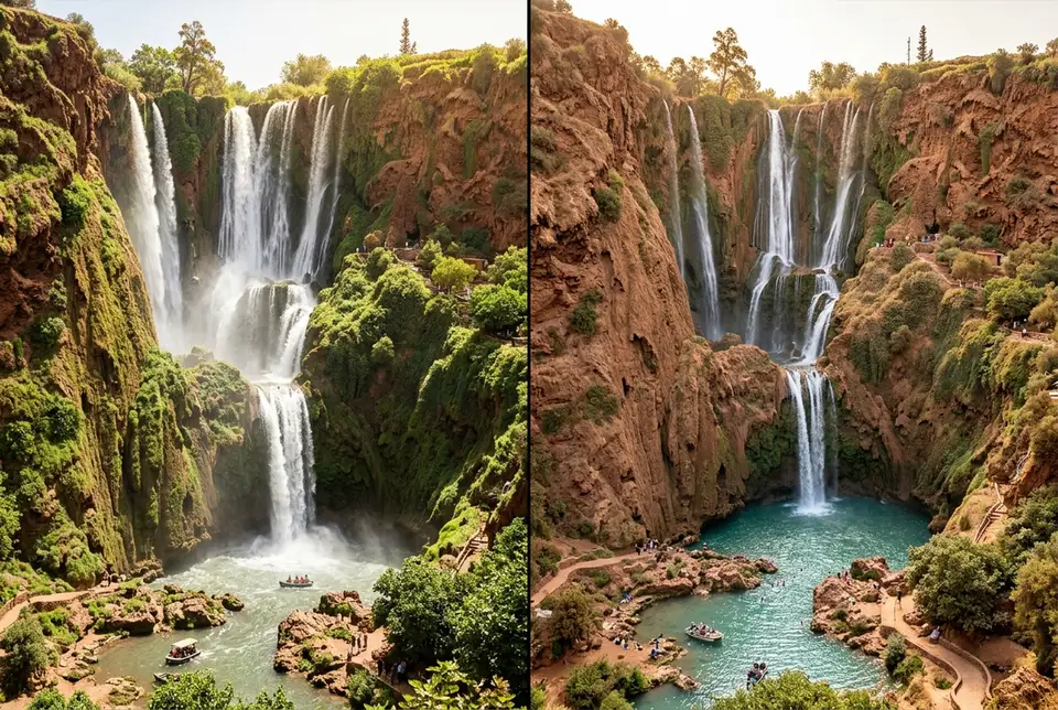Split scene comparing ouzoud waterfalls in full spring flow against a calmer late summer flow with soft golden light on both sides