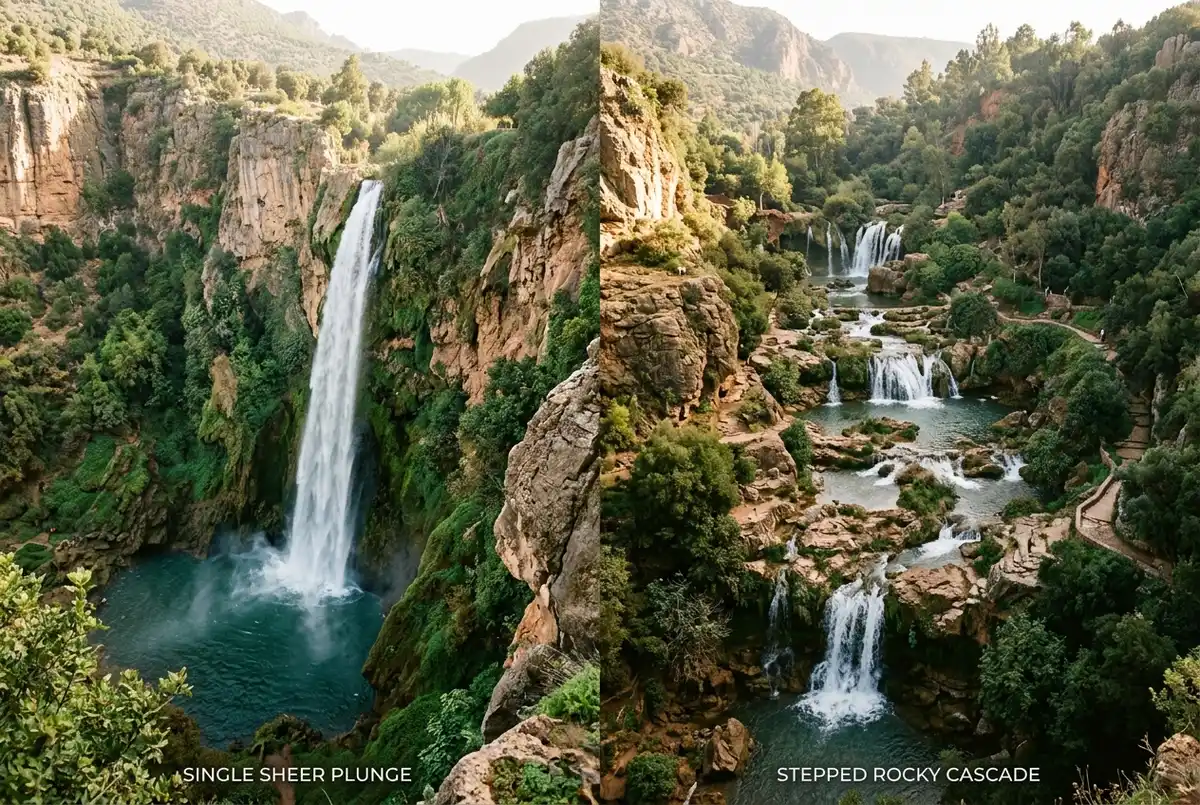 Side by side comparison scene showing a single sheer waterfall plunge on one side and a stepped rocky cascade on the other, morning light, generic labels only