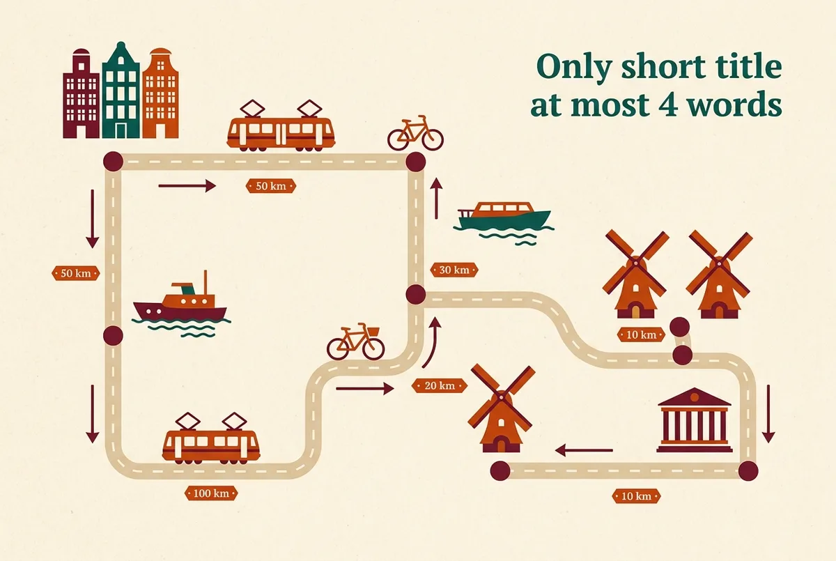 Simple route map infographic showing Marrakech, Ouzoud Waterfalls, and connecting roads with distance labels, generic place names only