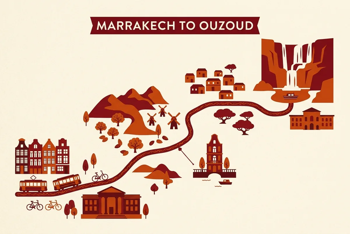 Map style illustration showing the route from Marrakech to Ouzoud Waterfalls through the Middle Atlas foothills, marking the Afourer stop and the Tanaghmeilt argan cooperative