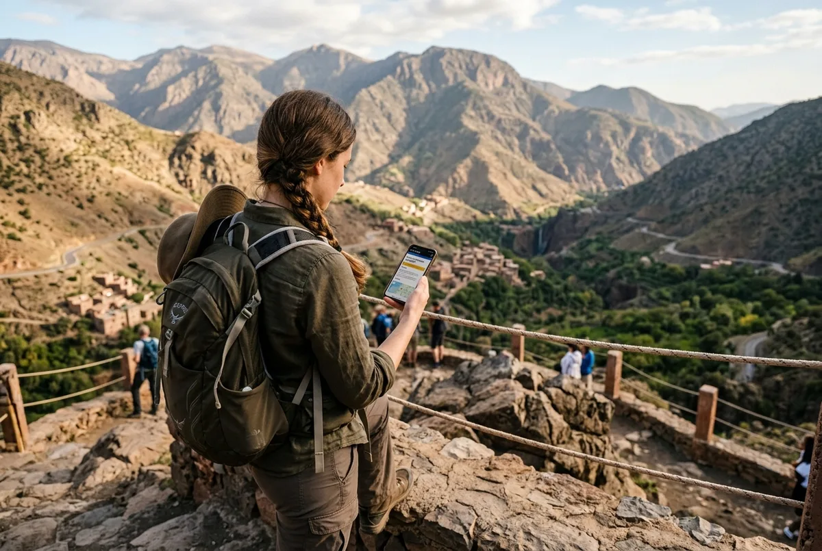 Confident traveler checking a phone with a travel advisory website open while standing near a scenic Atlas Mountains overlook on the way to ouzoud waterfalls