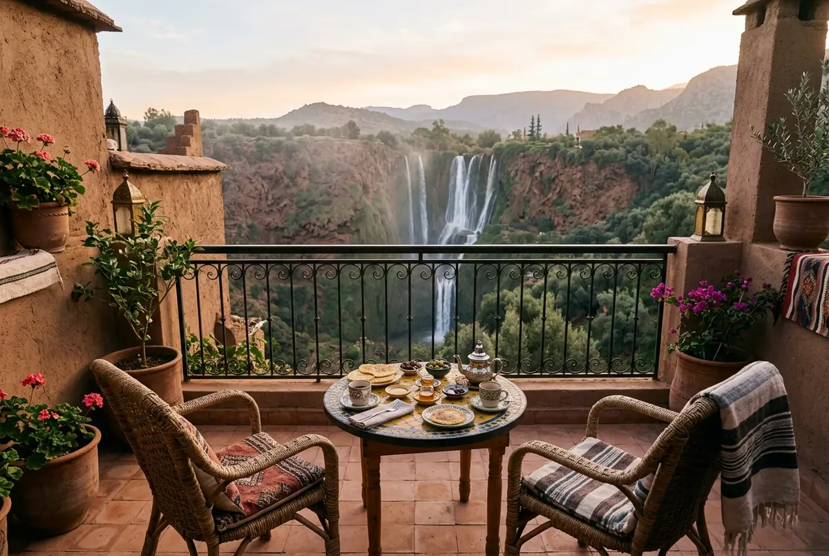 Small riad terrace overlooking Ouzoud Waterfalls at dawn, empty wicker chairs and a breakfast table set before the day trip crowds arrive