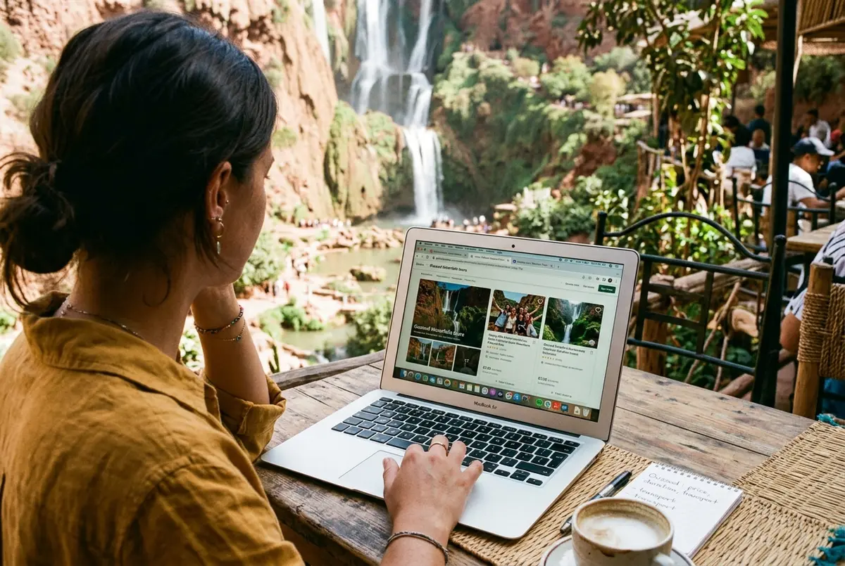 Close up of a traveler comparing tour booking platforms on a laptop with Ouzoud Waterfalls tour photos open in browser tabs