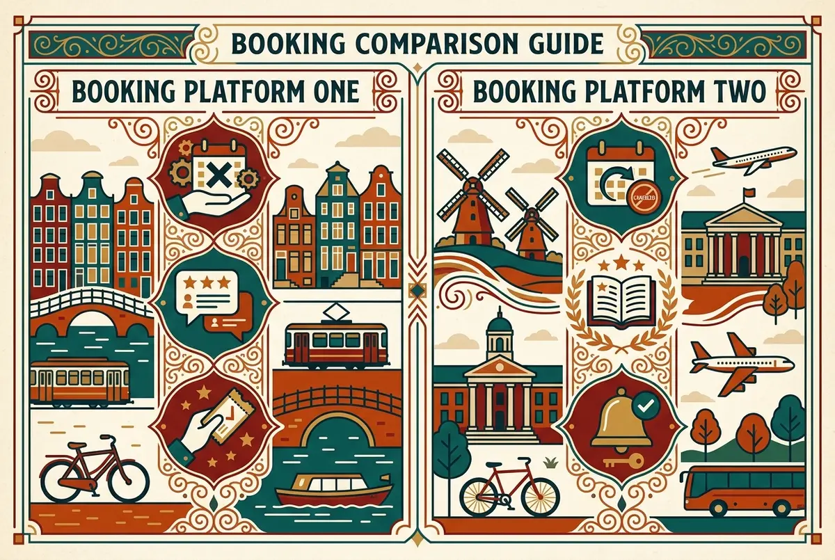 Simple comparison infographic with two columns labeled booking platform one and booking platform two, icons for cancellation, reviews, and confirmation, generic labels only