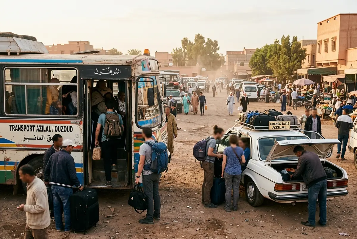 Travelers boarding a local bus and shared grand taxi at a busy Marrakech transport stand, heading north toward Azilal and Ouzoud Waterfalls, morning light