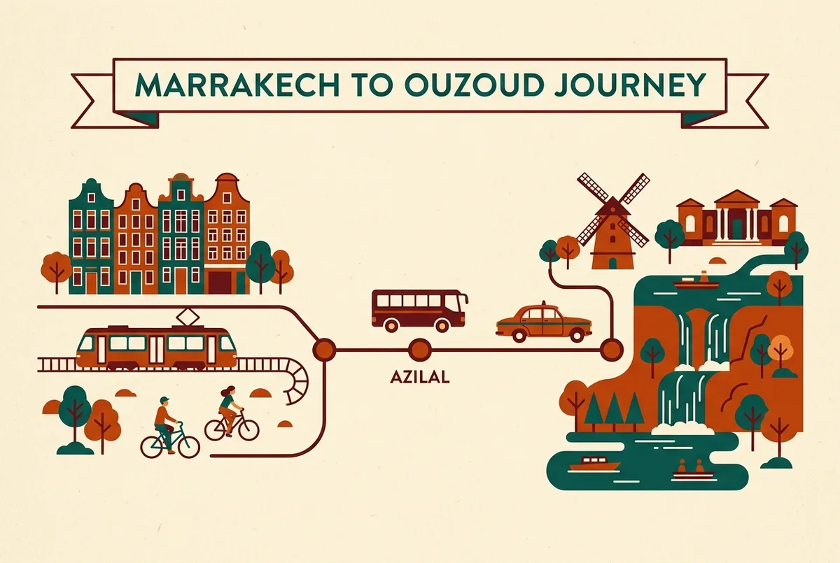Simple infographic showing the Marrakech to Azilal bus leg connecting to a grand taxi icon toward Ouzoud Waterfalls, generic route labels only