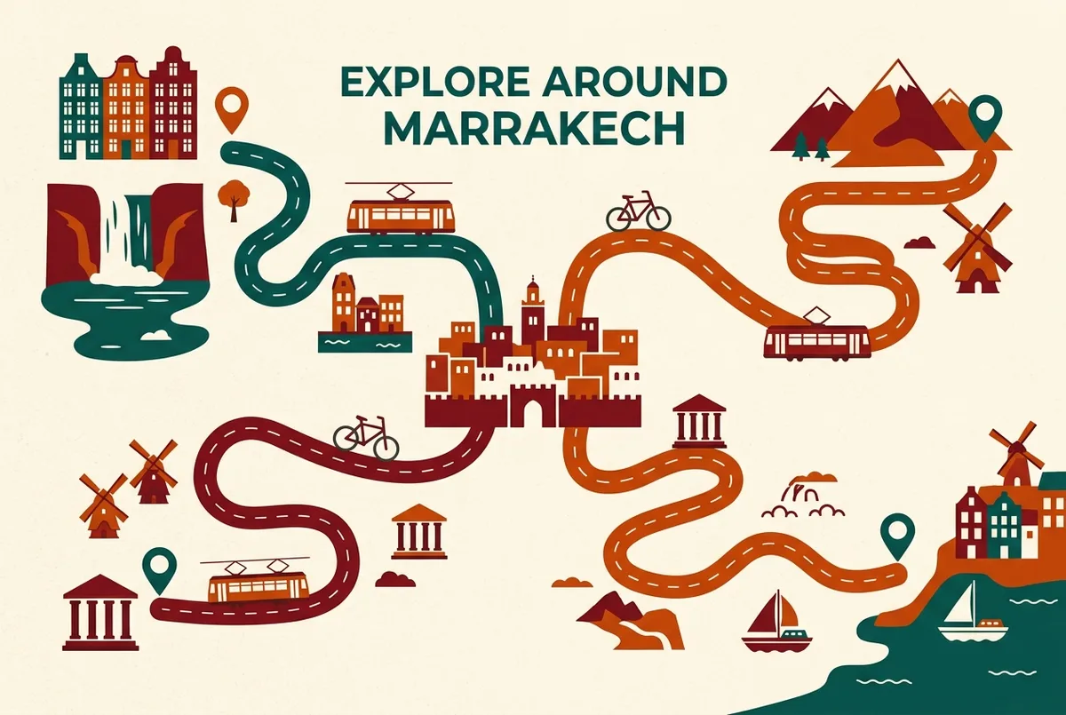Simple three day itinerary map infographic showing separate day trip routes from Marrakech to Ouzoud Waterfalls, Ourika Valley and Essaouira, generic pin icons only