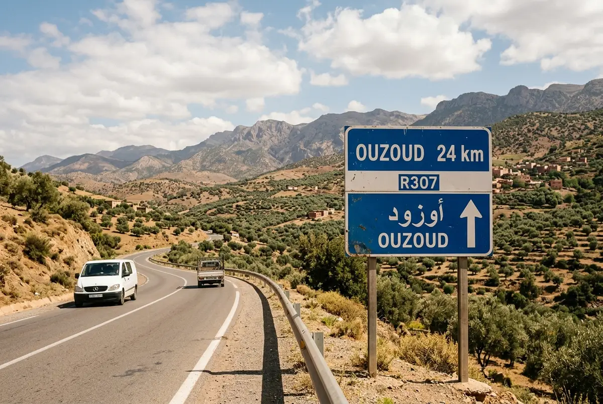 Highway sign showing distance to Ouzoud with Atlas foothills and olive groves stretching toward the horizon, midday light