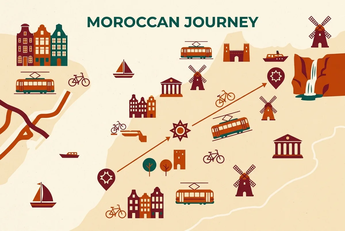 Simple map infographic showing Agadir, Marrakech, and Ouzoud Waterfalls as three points with distance lines, generic labels only