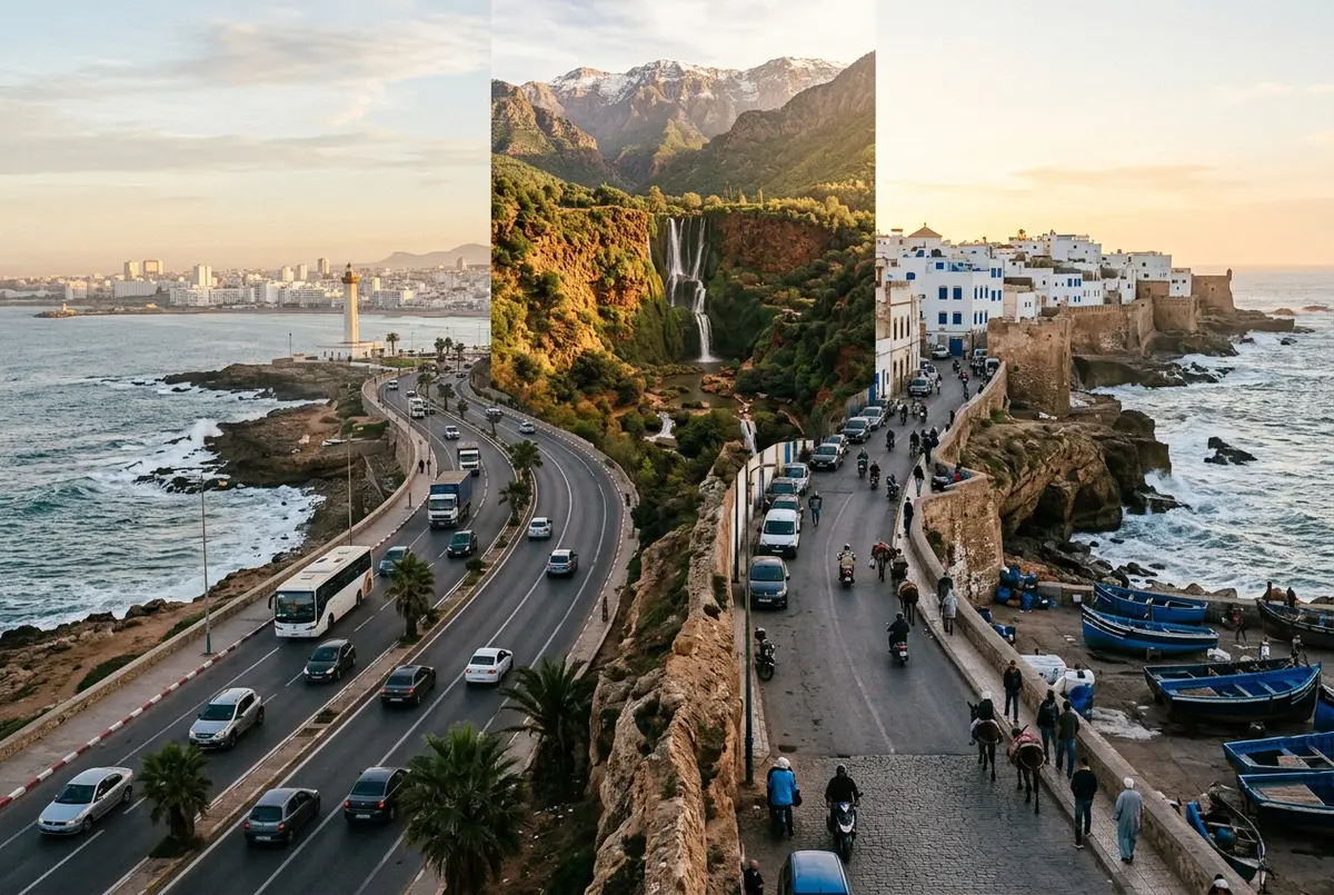 Split scene of a Casablanca coastal highway and an Essaouira harbor road both leading inland toward Ouzoud Waterfalls and the Atlas foothills, late afternoon light