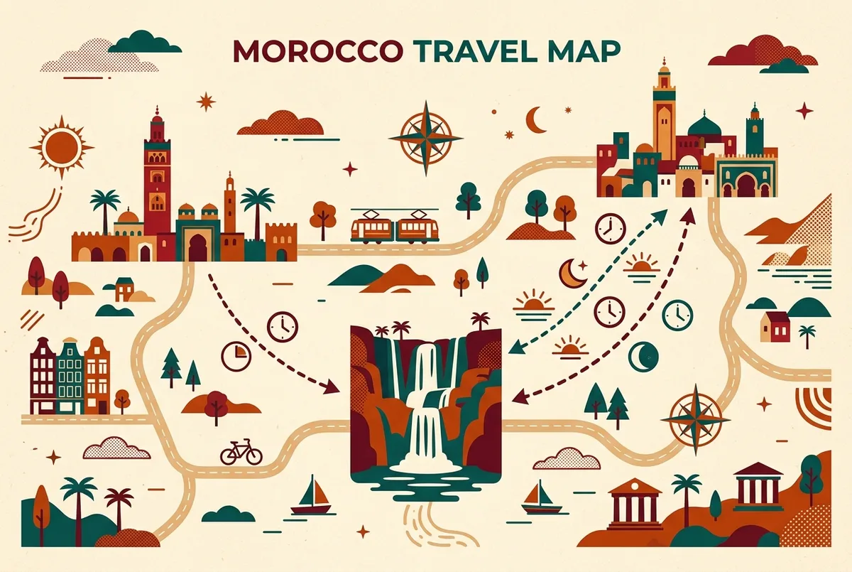Mapa esquematico comparando la distancia entre Fez y las cascadas de Ouzoud frente a la distancia entre Marrakech y las cascadas de Ouzoud con etiquetas genericas de tiempo