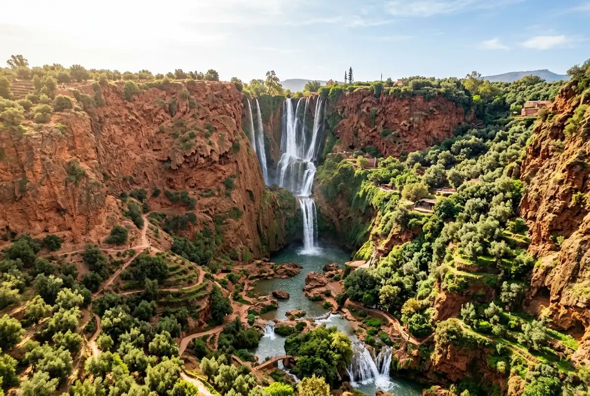 Wide aerial view of the ouzoud waterfalls dropping in tiers through a red rock gorge lined with olive groves under bright morning light