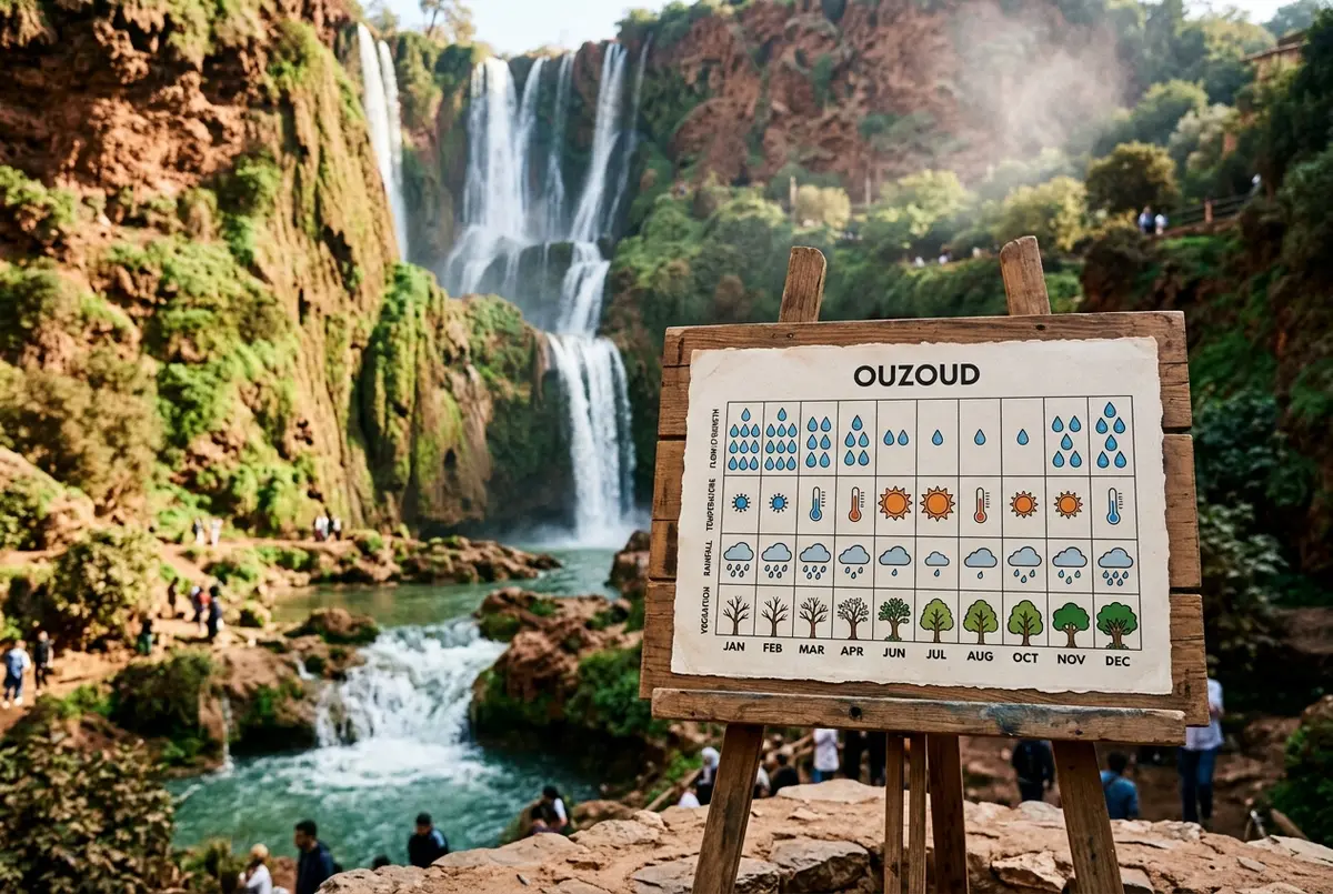 Simple month by month climate chart showing water flow and temperature trends at the ouzoud waterfalls across the year with generic icons only