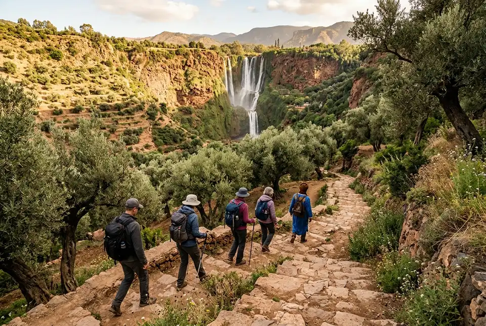 Local guide leading a small group of hikers down a stone step trail through olive groves toward Ouzoud Waterfalls, cascade visible in the distance
