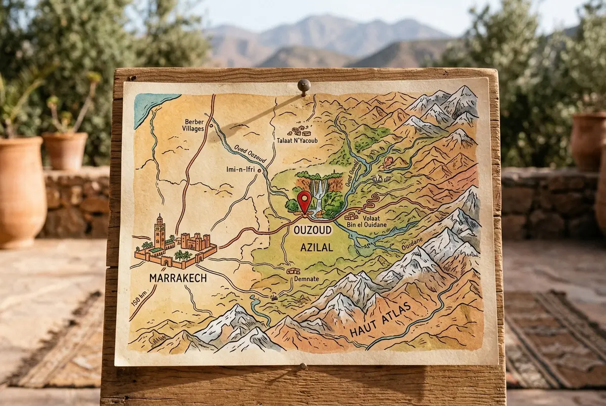 Map style illustration pinning the ouzoud falls location in Azilal province Morocco with the Atlas Mountains and Marrakech marked for scale