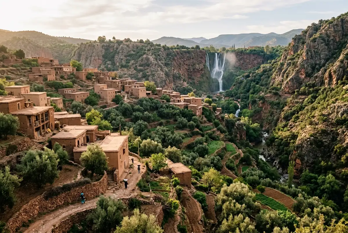 Berber village with traditional earthen houses and olive groves overlooking the gorge near ouzoud waterfalls under soft late afternoon light