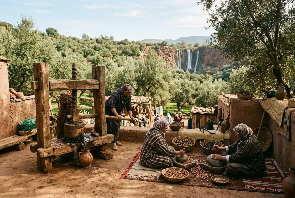 Simple illustrated scene of a traditional Berber argan oil cooperative near ouzoud waterfalls with generic hand press equipment and olive grove backdrop only