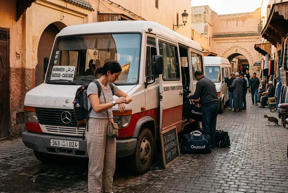 Traveler checking a wristwatch beside a Marrakech pickup minibus early in the morning before an ouzoud waterfalls day trip
