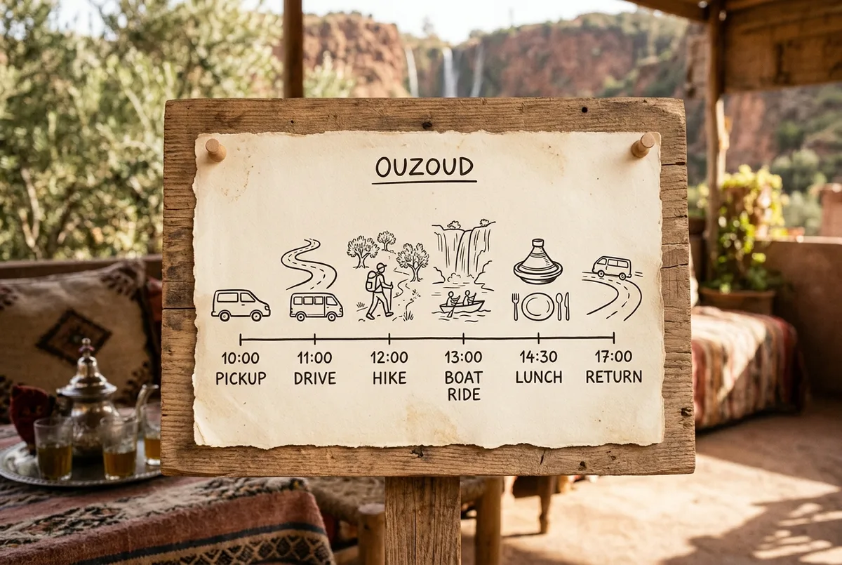 Simple hour by hour timeline graphic showing pickup, drive, hike, boat ride, lunch and return for a typical ouzoud waterfalls itinerary, generic icons only