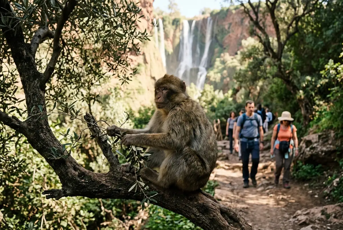 Wild Barbary macaque monkey sitting on a low olive tree branch along the shaded ouzoud waterfalls trail with hikers passing in the background