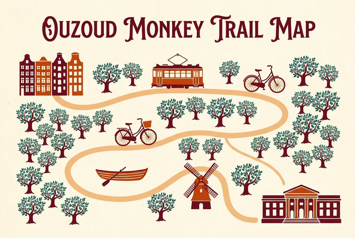Simple trail map style illustration marking the best ouzoud monkeys viewing spots along the olive grove path with generic icons only