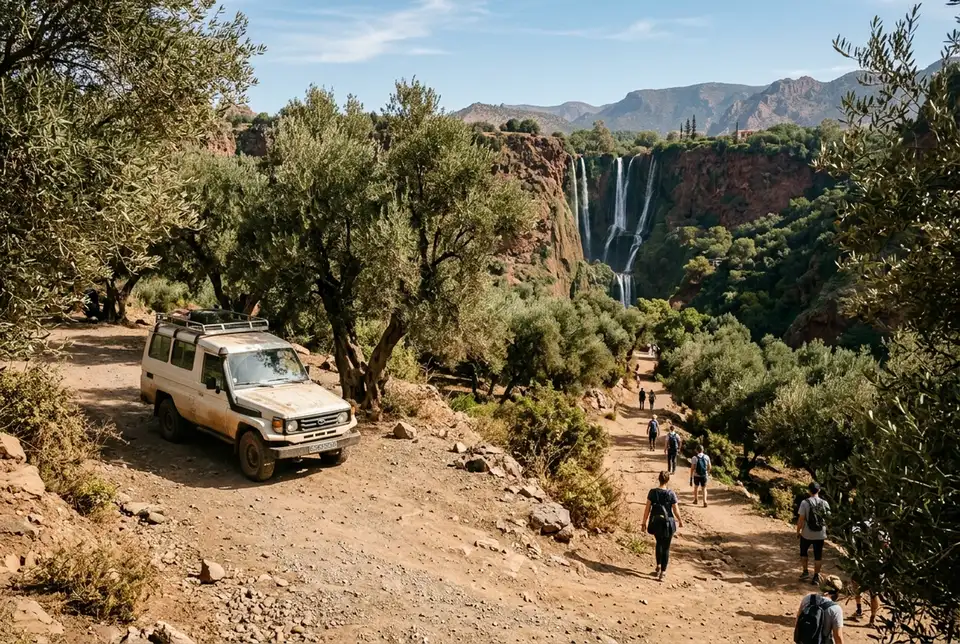 Car parked in a dusty roadside lot near olive trees at the Ouzoud Waterfalls trailhead, dirt path leading downhill toward the falls, midday sun