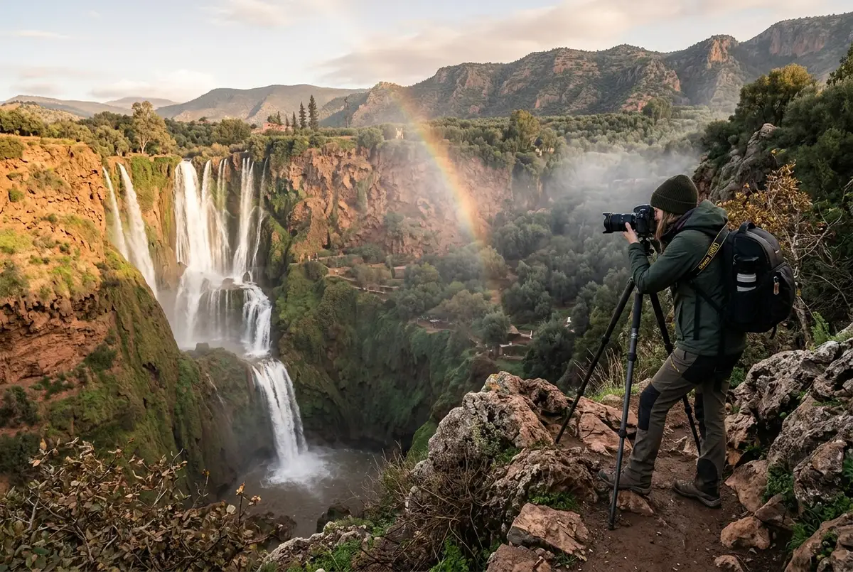 Viatger fent una foto panoràmica de les Cascades d'Ouzoud des del mirador superior amb un arc de Sant Martí visible entre la boira d'aigua a mig matí