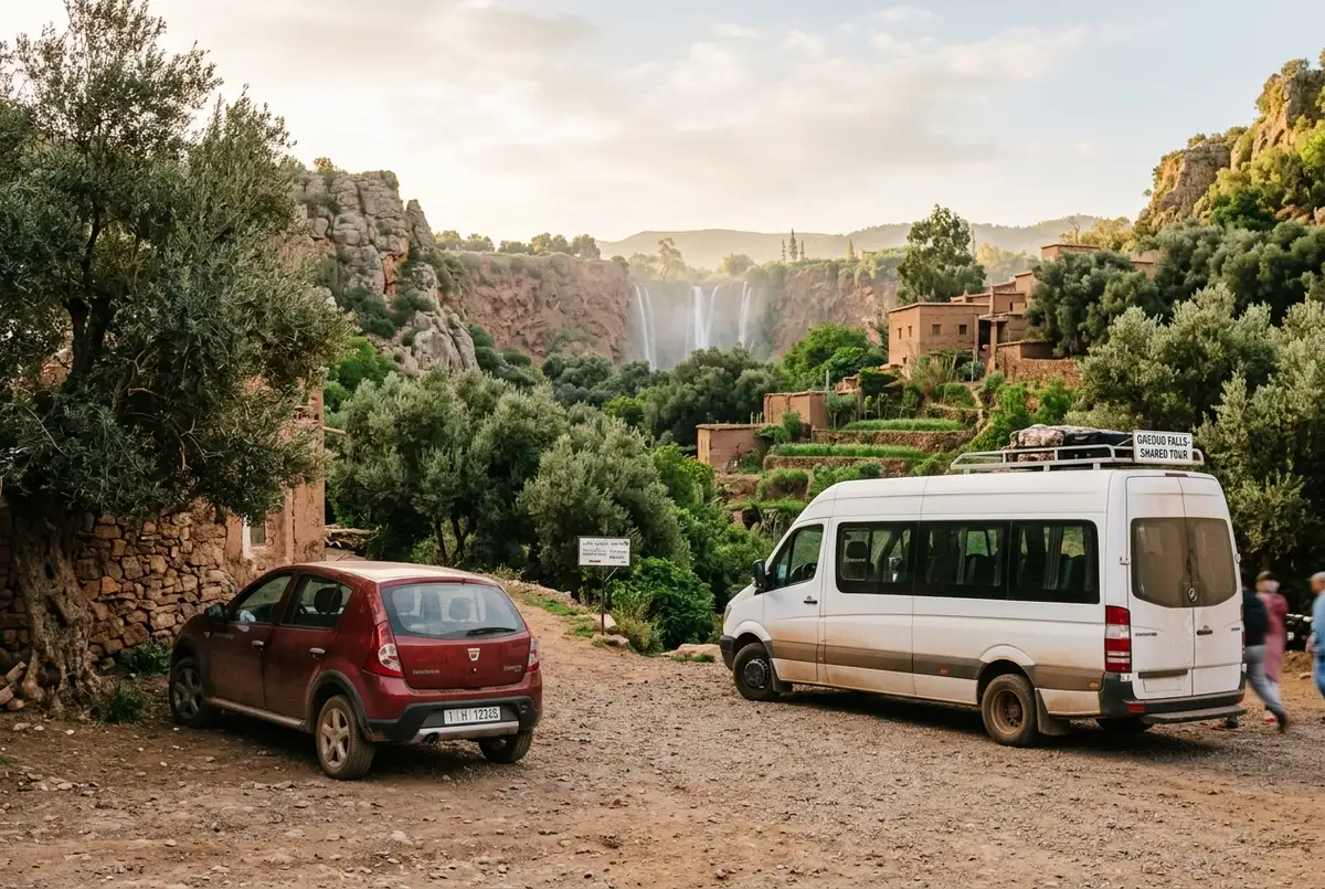 Split scene showing a small private car and a shared tour minibus both parked near the Ouzoud Waterfalls trailhead in morning light