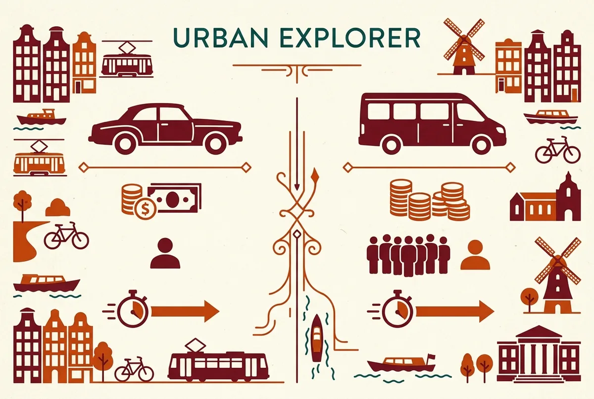 Simple side by side infographic comparing a private car icon and a group minibus icon with labels for price, pace, and group size, generic labels only