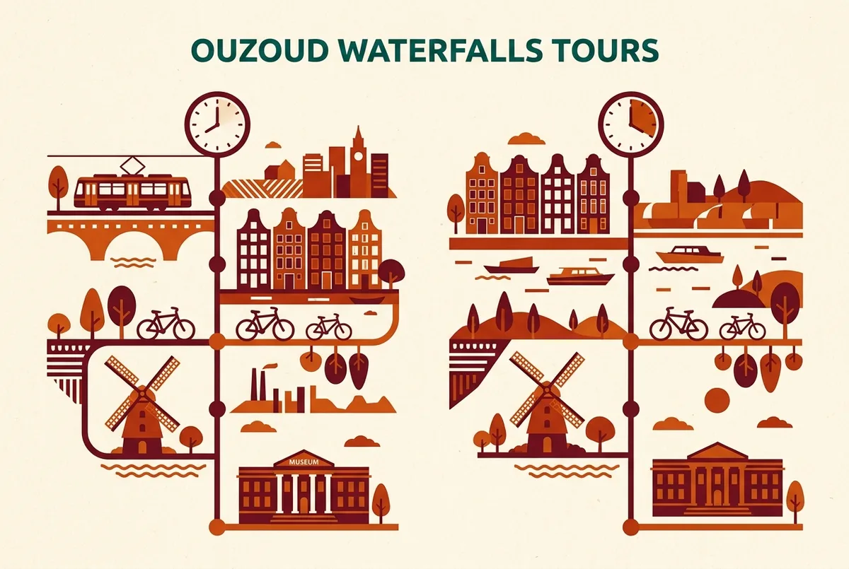 Simple side by side timeline infographic comparing a standard morning Ouzoud waterfalls departure against a later sunset tour departure, generic clock icons and labels only