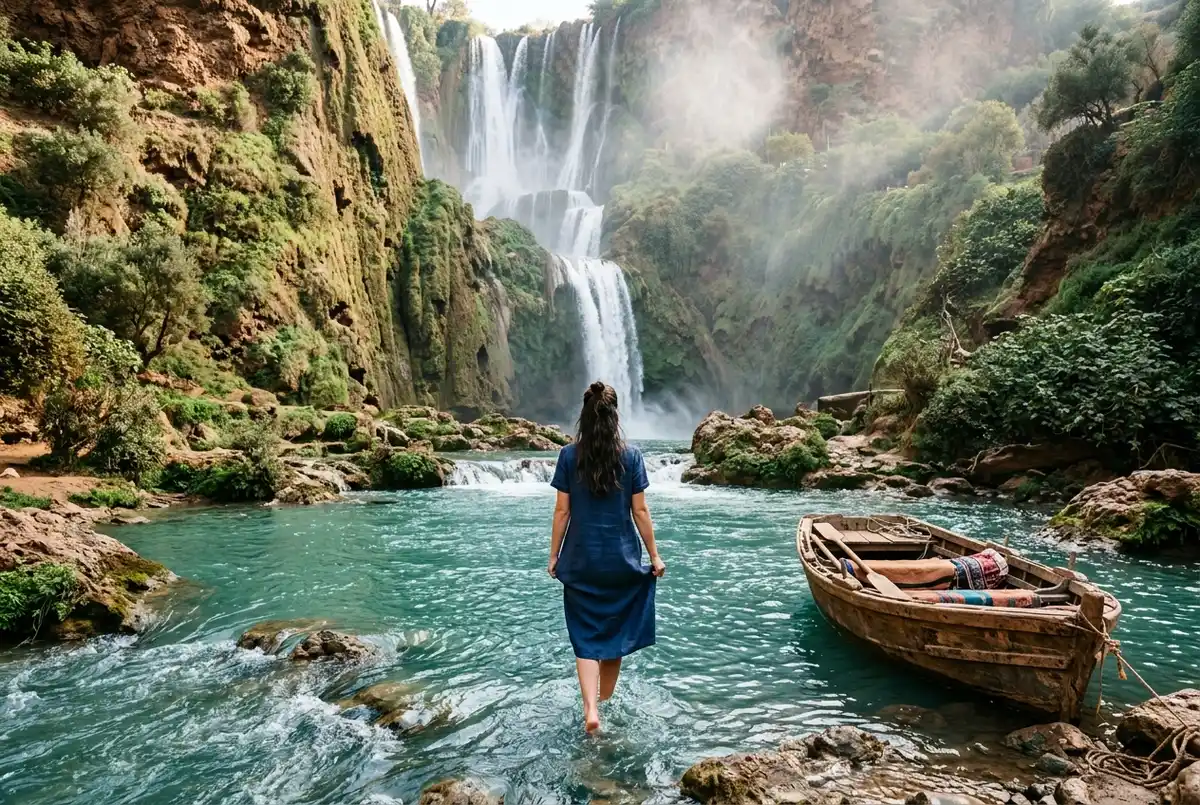 Traveler wading into a natural turquoise pool at the base of the ouzoud waterfalls with mist rising behind and a wooden boat nearby