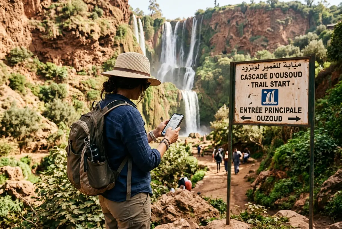 Traveler checking a phone with a booking confirmation at a trailhead sign near Ouzoud Waterfalls, cascade visible behind, midday light