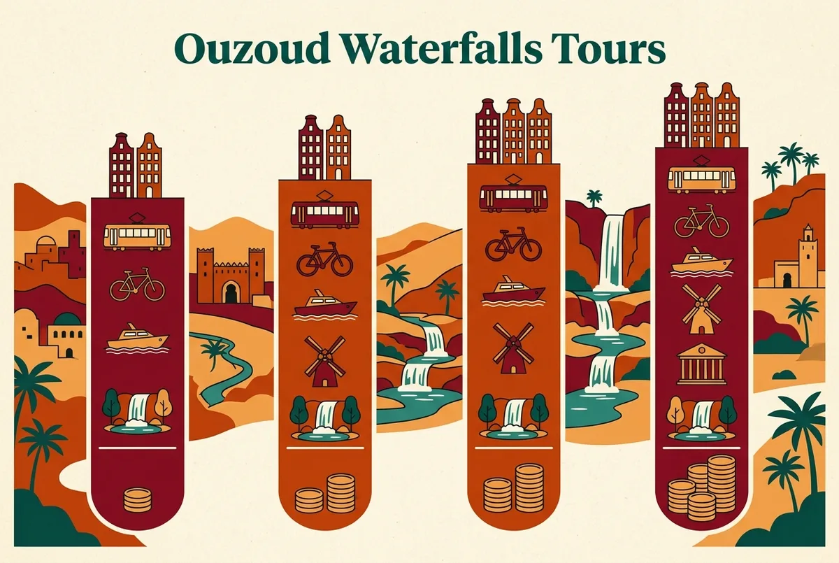 Simple price comparison chart showing four Ouzoud waterfalls tour tiers by starting price, generic icons and labels only, no currency figures