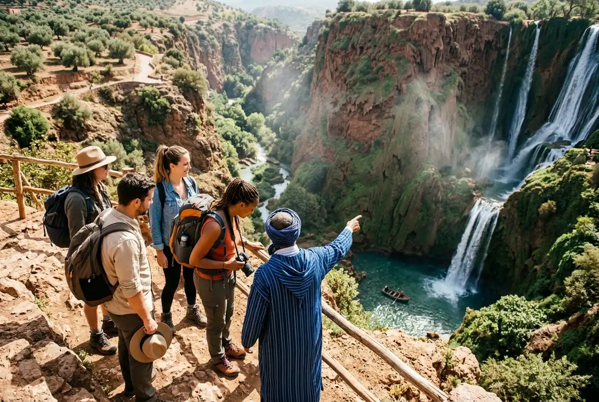 Small group of travelers with a local guide standing at a cliffside viewpoint over Ouzoud Waterfalls, one pointing toward a traditional wooden boat below, midday light and spray rising off the cascade