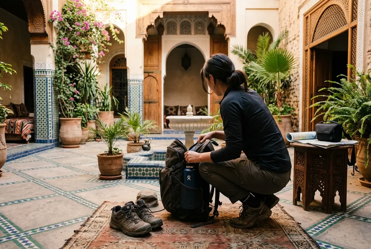Traveler checking a packed day bag with hiking shoes and a water bottle beside a Marrakech riad courtyard before an early morning ouzoud waterfalls excursion