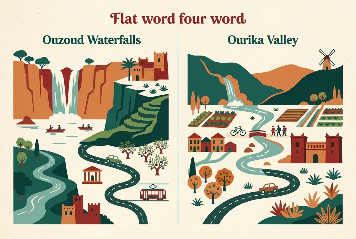 Simple side by side comparison infographic showing ouzoud waterfalls height and drive time against Ourika valley with generic icons and labels only