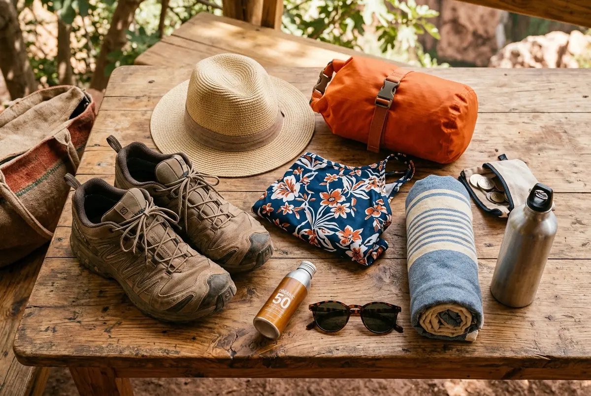 Flat lay of packing essentials for an ouzoud waterfalls day trip including hiking shoes, a swimsuit, sunscreen, a hat and a small dry bag on a wooden table