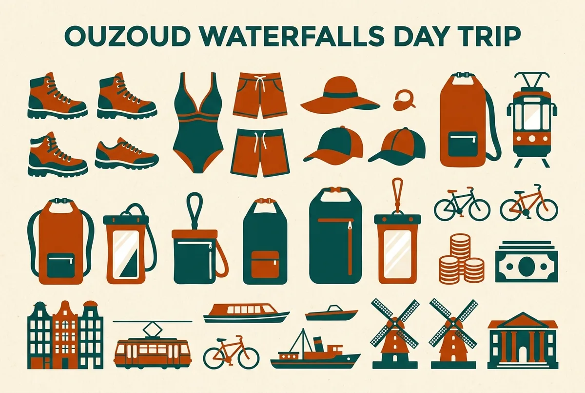 Simple packing checklist infographic showing shoes, swimsuit, sun hat, dry bag and cash icons for an ouzoud waterfalls day trip, generic labels only