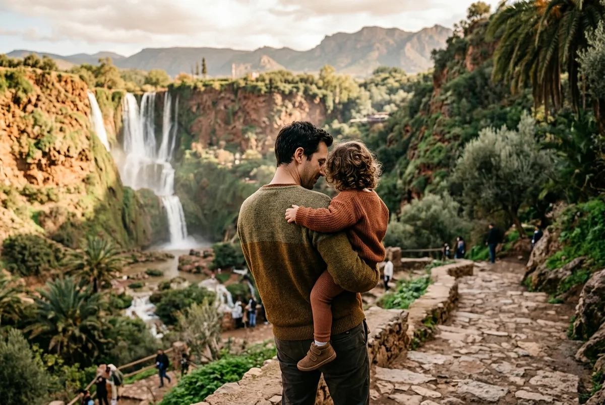 Parent holding a child's hand while walking down a stone step trail through olive groves toward ouzoud waterfalls, cascade visible ahead
