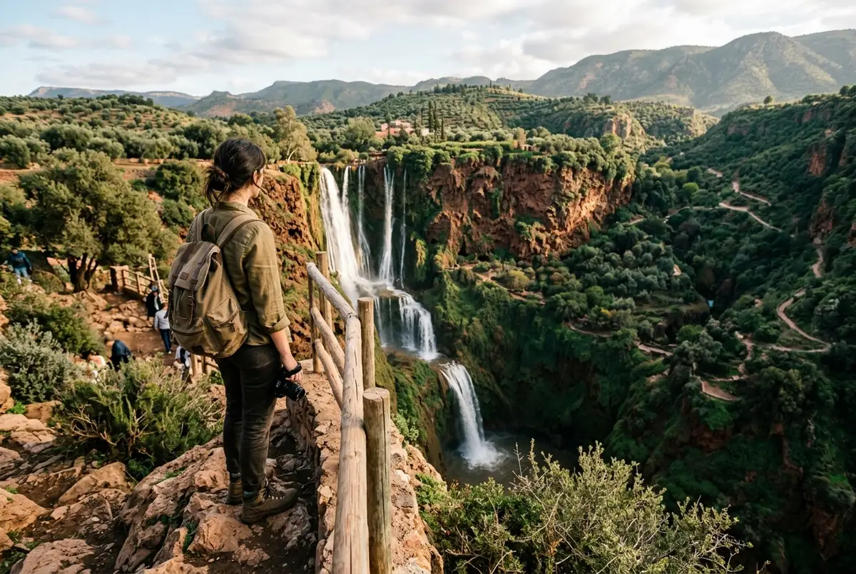 Traveler standing at a clifftop viewpoint gazing out over the full drop of Ouzoud Waterfalls with olive groves and gorge walls surrounding the cascade