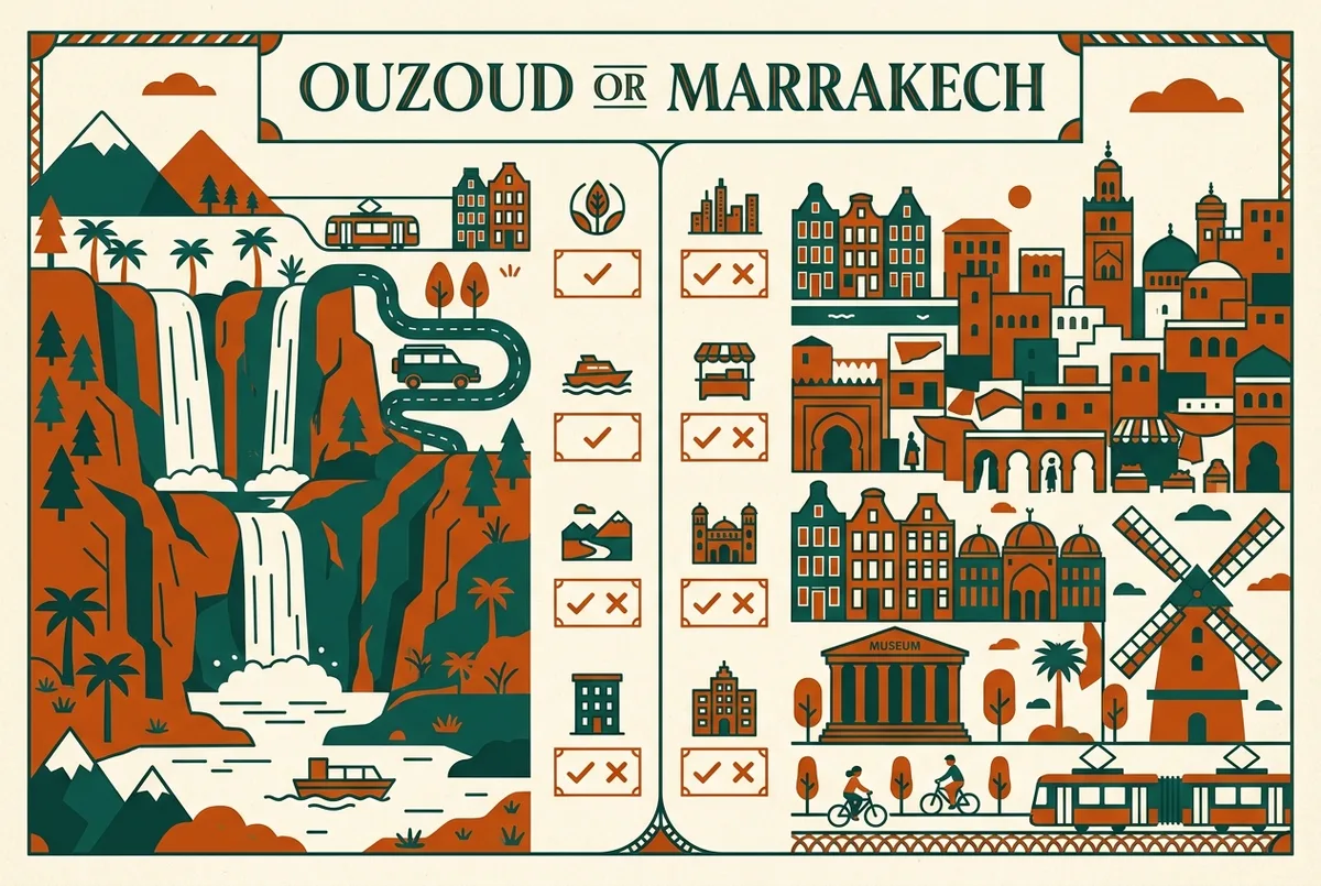 Simple pros and cons chart comparing an Ouzoud waterfalls day trip against staying in Marrakech, generic checkmark and cross icons only