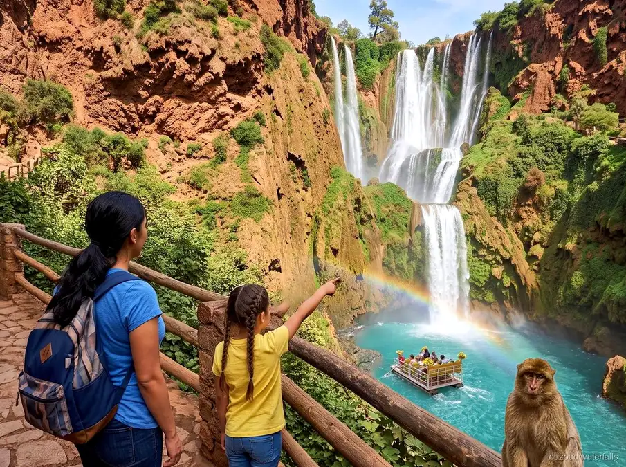 Grupo de la excursión económica a las Cascadas de Ouzoud en el sendero del mirador desde Marrakech